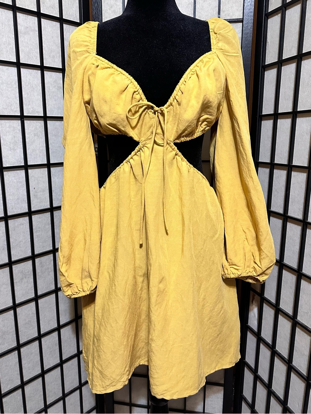 12th TRIBE Cutout Long Sleeve Butter Yellow Mini Dress